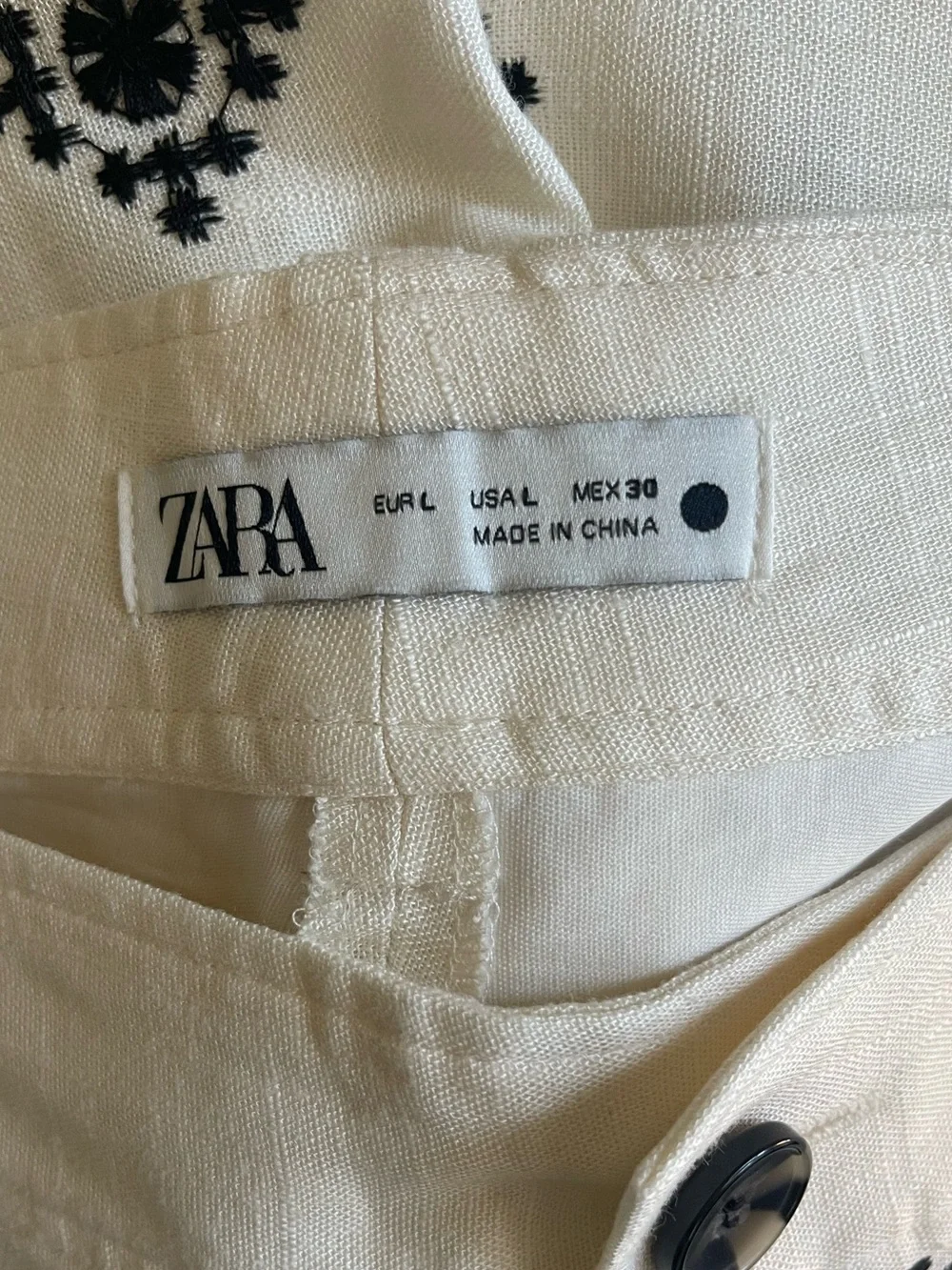 ZARA LINEN BLEND EMBROIDERED PANTS Ivory/ Black Size Large